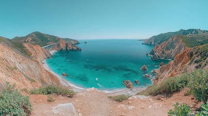 Obraz premium Coastal paradise with a hidden beach. Tranquil turquoise waters meet rugged cliffs. Scenic view from high ground