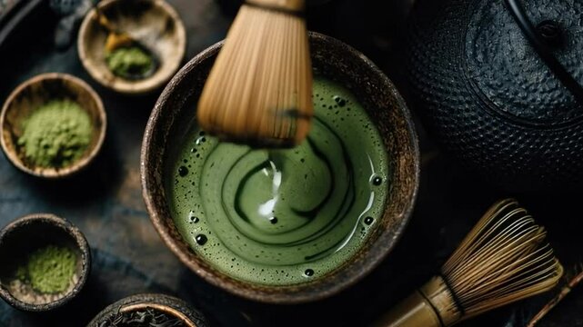 Harmony of Matcha Preparation: A serene composition capturing the art of matcha preparation, with a bamboo whisk gently mixing vibrant green tea powder in a ceramic bowl.