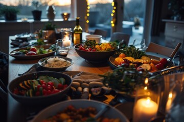 Fototapeta premium A delicious Christmas banquet table setting with glowing candles awaits a festive dinner or party event