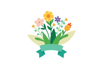 Mixed meadow bouquet with floral ribbon rustic blossoms vector art illustration