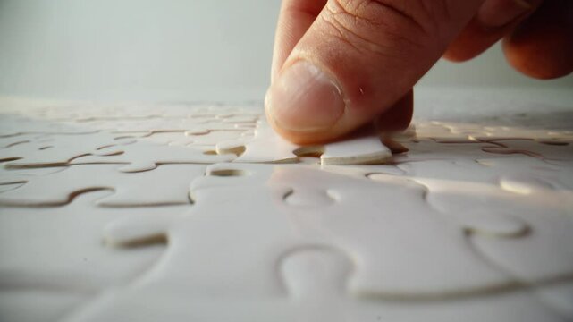 Detailed view finished puzzle on blank table. Mind jigsaw with connected pieces