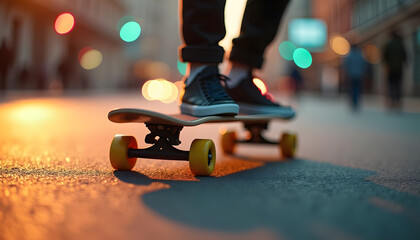 Skateboarder with Dark Shoes Riding on City Street at Sunset