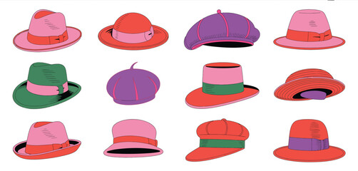 Collection of colorful cartoon hats including fedoras berets and cloche hats
