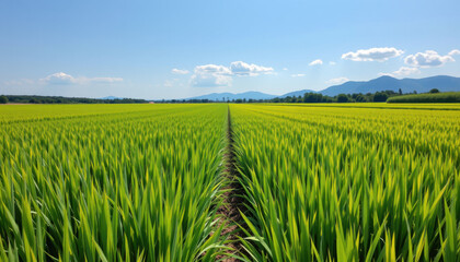 Lush green rice fields stretch under clear blue sky, with distant mountains creating picturesque backdrop. vibrant landscape evokes sense of tranquility and abundance