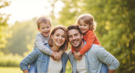 Fototapeta premium Happy family enjoying outdoor time with kids on parents' backs, laughing and smiling in a beautiful, sunny park setting. Perfect family portrait.