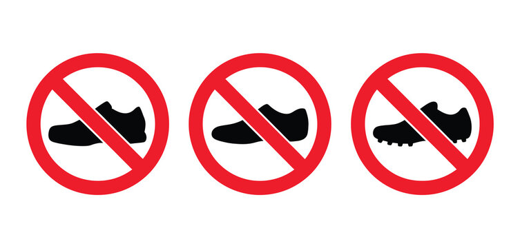 Three prohibition signs with different types of shoes inside a red circle with a diagonal line