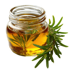 Photo of Rosemary Essential Oil in a Glass Jar with Fresh Rosemary Sprig on a transparent background, Aromatherapy, Natural Remedy