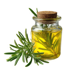 Photo of Rosemary Essential Oil in a Glass Bottle with Cork Top and Fresh Rosemary Sprig  on a transparent background,  Aromatherapy, Natural Product