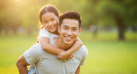 Naklejka premium A joyful father gives his daughter a piggyback ride in a sunlit park, showcasing a heartwarming bond and creating a cherished memory together.