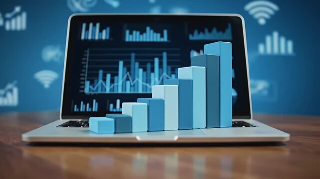 Informative Blue Bar Graph on Laptop Screen Displays Data Analytics Information and Financial Growth on Wooden Table with Icon Background in 3D Render - Powered by Adobe