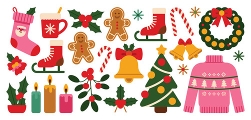 Collection of festive christmas icons including a stocking gingerbread men and a sweater