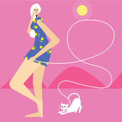 woman with cat  flat clean and simple unique illustration vector design