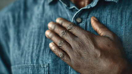 Full presence through mental reset concept. A close-up of a hand over the heart, symbolizing emotion.