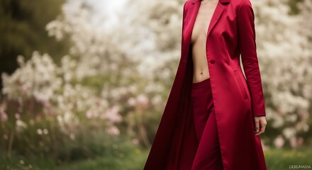 A woman in a red suit stands outdoors, posing in a garden setting.