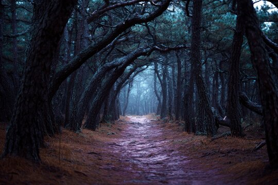 A path winds through a dark dense forest with trees arching overhead shrouded in mist