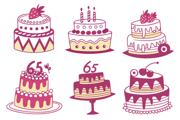set of 65 Years Birthday Cake silhouette vector illustration