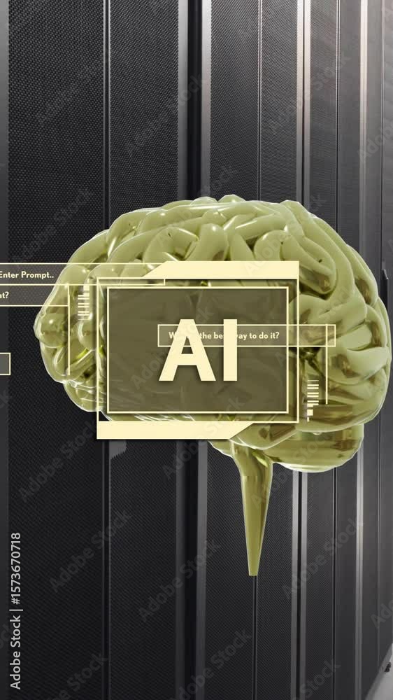 Poster animation of ai text, brain and data processing over computer servers