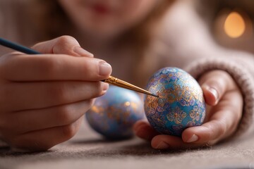 A person decorates a blue Easter egg with gold designs using a finetipped brush
