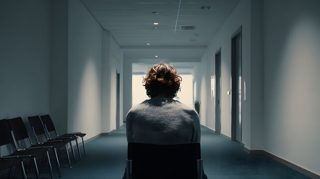 A solitary figure waits in a stark, brightly lit hallway lined with closed doors and empty chairs, conveying a sense of anticipation.