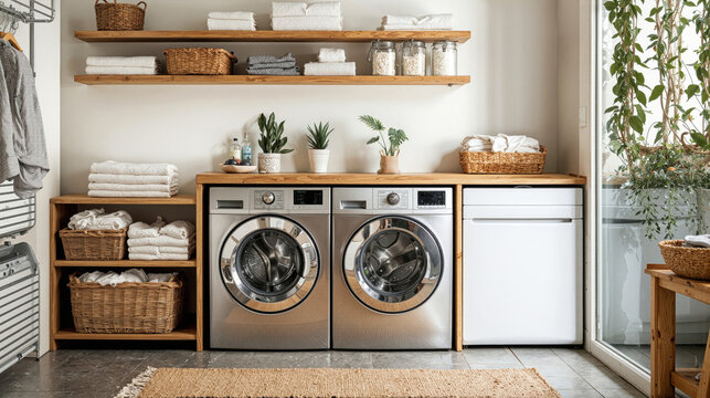 Modern laundry room with front load washer and dryer set in wooden shelving with organized towels baskets and indoor plants for home utility