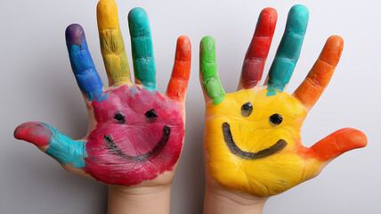 Fototapeta premium A Playful Childhood Creativity Concept Displayed by Two Rainbow Painted Hands Smiling against a Clean Wall. 