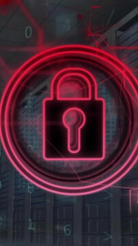 Animation of padlock icon and data processing over server room