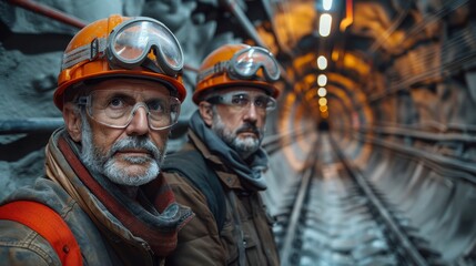 Fototapeta premium Two miners in helmets, goggles, tunnel background, serious expression