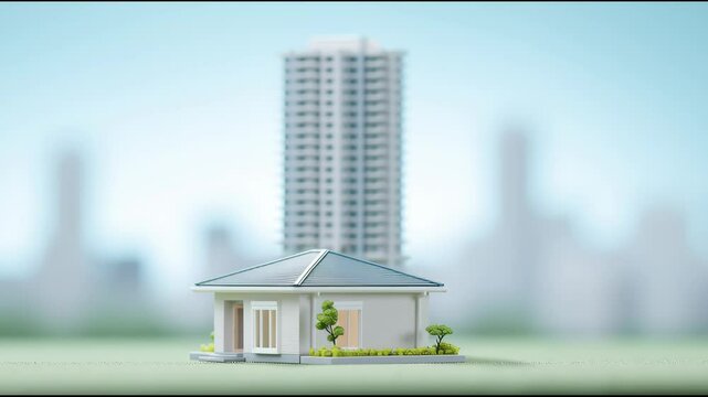 A small house is in front of a large building