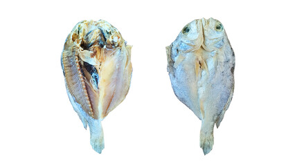 Dried sea fish with flaky texture and golden brown color, the whole shape is clearly visible, displayed on a transparent background for product design or illustration purposes.