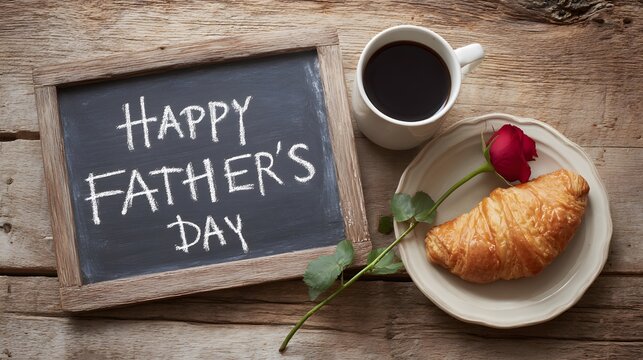 A Father's Day breakfast spread: coffee, croissant, rose, and a chalkboard message on rustic wooden table. Special morning treat.