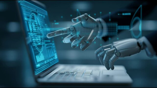 A robot is using a laptop computer