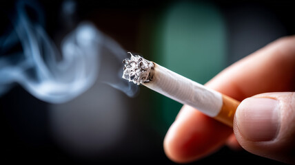 Close Up View of Smoldering Cigarette Emitting Toxic Smoke and Highlighting Health Risks.
