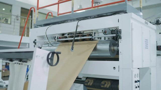 Automated printing machine processing large roll of brown paper in modern printing factory in Karachi