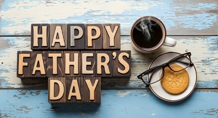 A rustic wooden tabletop displays 'Happy Father's Day' blocks, alongside coffee, cookie and glasses in a heartfelt, celebratory display.
