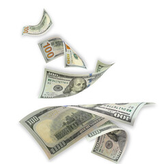 falling 100 dollar bills isolated on transparent background