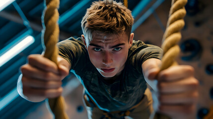 Young person climbing ropes indoor gym