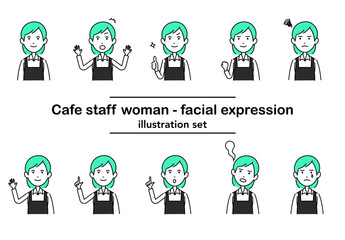 緑髪のカフェスタッフ女性の表情セット｜ベクター線画スタイルの感情バリエーション
