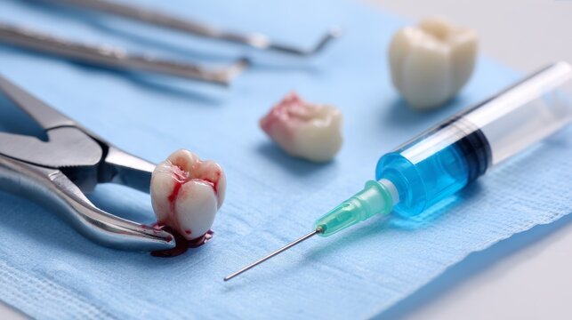Dental extraction forceps holding a freshly removed bloody tooth on sterile blue drape, with syringe and instruments nearby, illustrating oral surgery and modern dental procedure tools