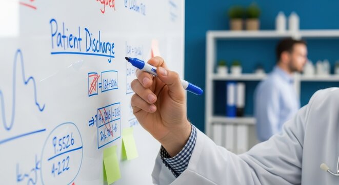 A doctor writes patient discharge information on a whiteboard