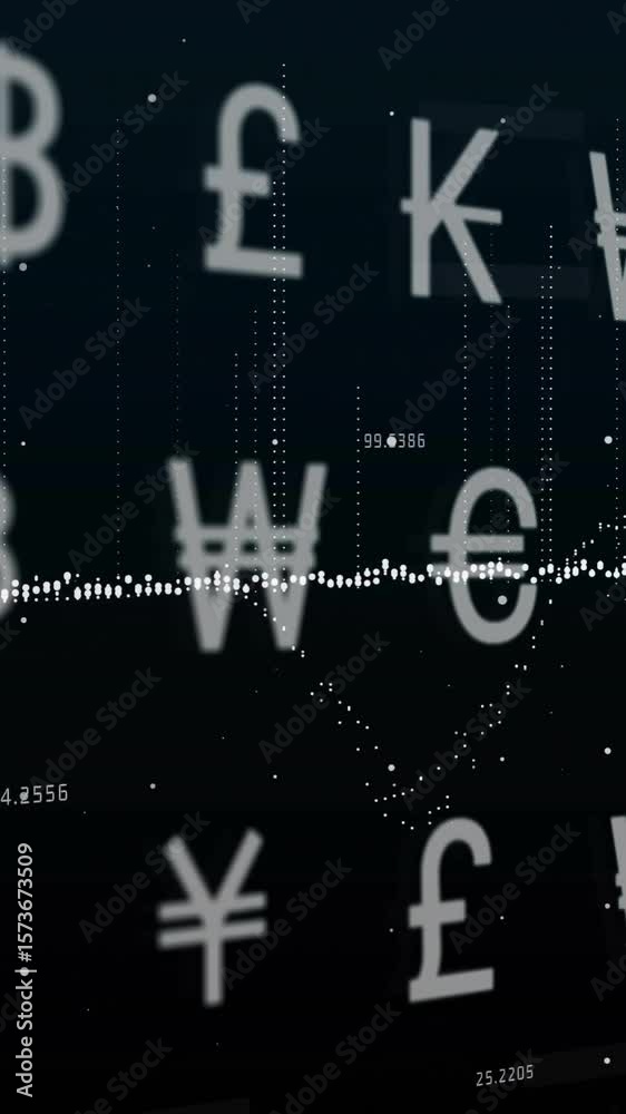 Poster animation of data processing and diagrams over currency symbols