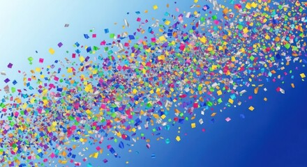 Colorful confetti falling on a blue gradient background