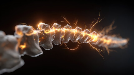 Sciatic pain from spinal damage concept. Visual representation of a human spine with glowing effects.