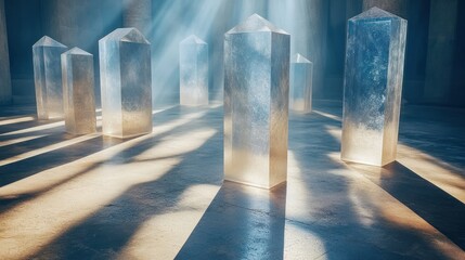Crystal pillars in sunlit, ancient hall