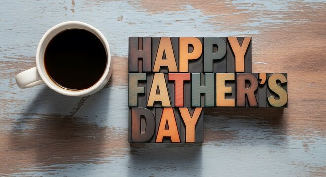 A cup of coffee with a "Happy Father's Day" message spelled out in colorful wooden block letters sitting on a painted wood background. - Powered by Adobe