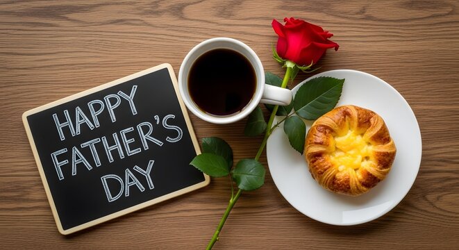 A thoughtful Father's Day morning with coffee, pastry, and a rose, conveying warmth and appreciation on a wooden table setting.
