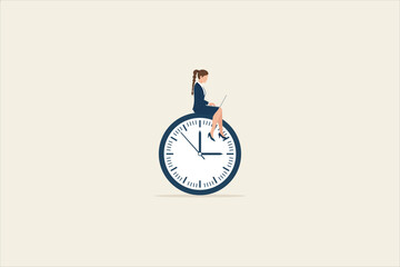 Woman sitting on a clock while working on laptop. Concept of time management, productivity, and remote work. Flat vector illustration.