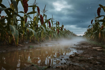 Sorghum field under a stormy sky with puddles reflecting the dark clouds