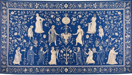 Medieval tapestry, figures in garden