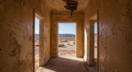 Obraz premium Desolate desert landscape seen through the decaying rooms of abandoned house ruins