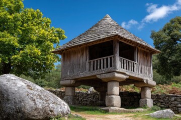 A raised granary on stone pillars with a shingled roof stands beside a boulder under a blue sky with trees